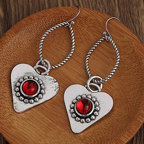Silver Heart Boho Dangle Earrings - Picture 2 of 6